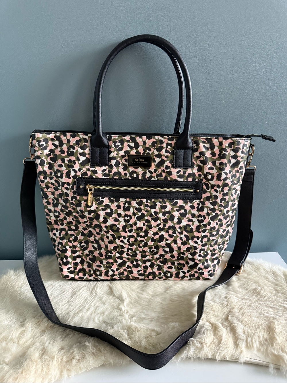 Trina Turk Double Handled Leopard Print Tote Bag with Detachable Crossbody Strap